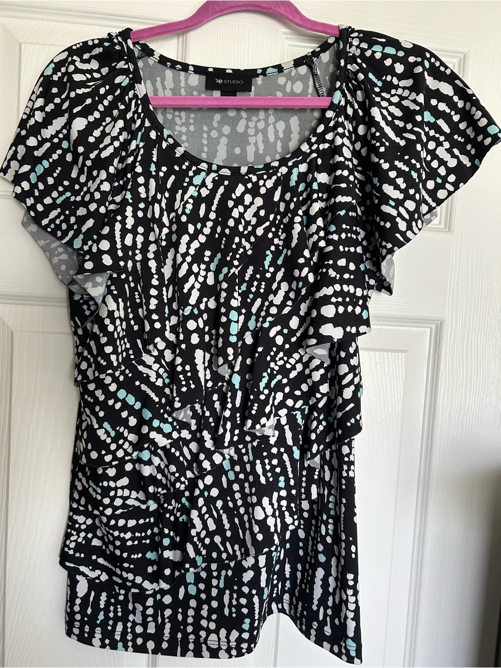 AB Studio Black Ruffle Dot Print Top with Aqua Accents